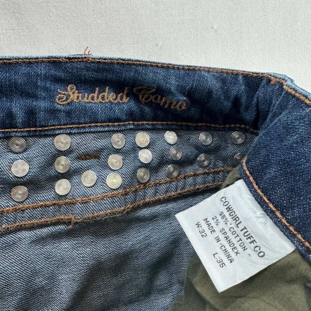 Cowgirl Tuff Jeans Women W32 L35 Studded Camo Bootcut MidRise Stretch Denim Blue - Picture 11 of 11